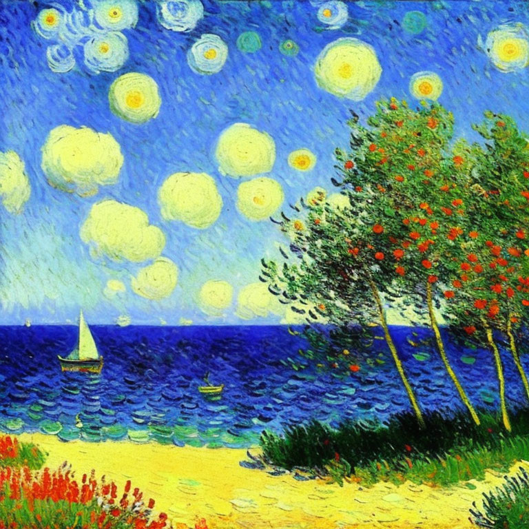Vibrant Impressionist Seascape with Swirling Sky and Sailboat