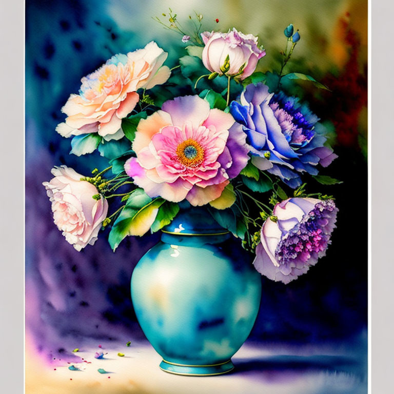 Colorful painting of blue vase with pink, white, and blue flowers on speckled background