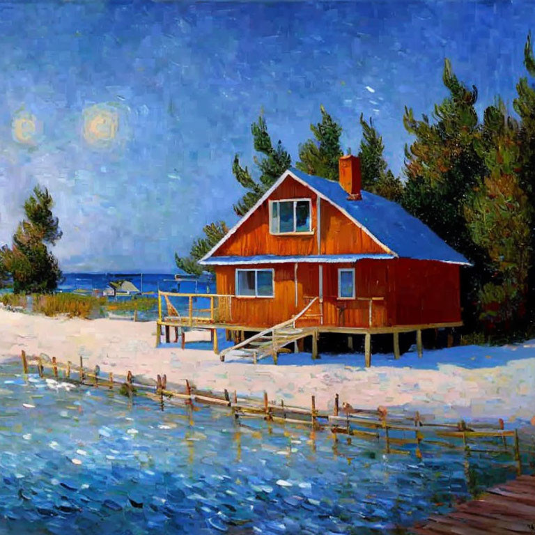 Scenic painting of red house on stilts by blue sea and green trees