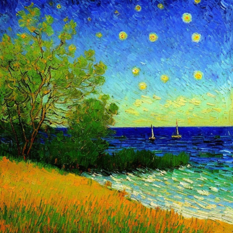 Vibrant starry night scene over beach with green tree and boats