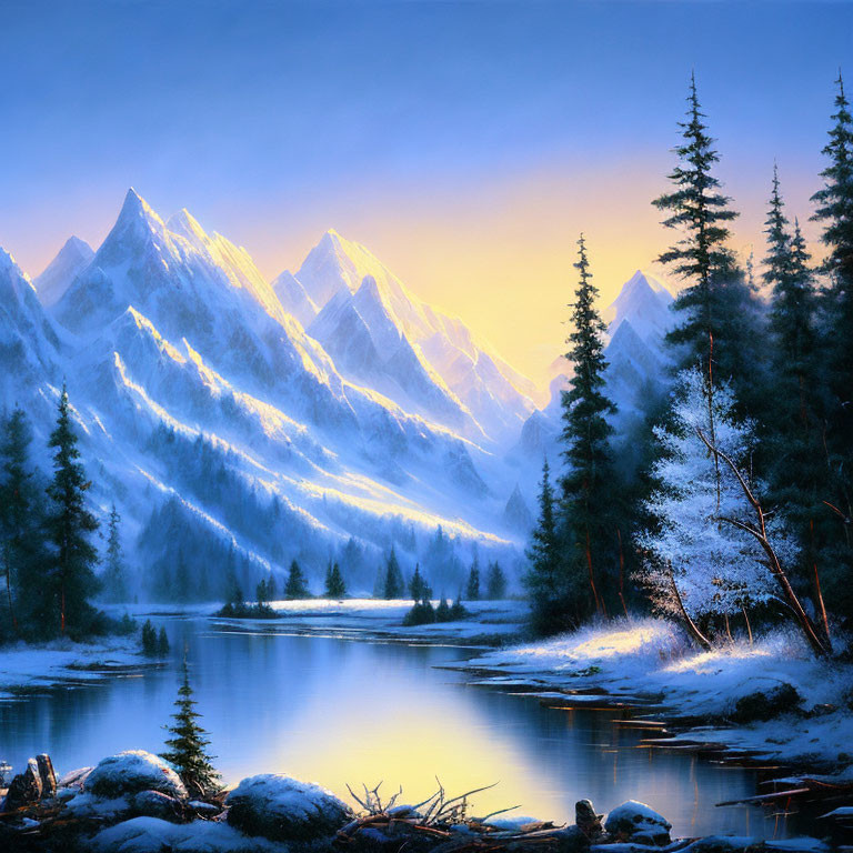Snow-capped mountains, evergreen trees, and calm river in serene winter landscape