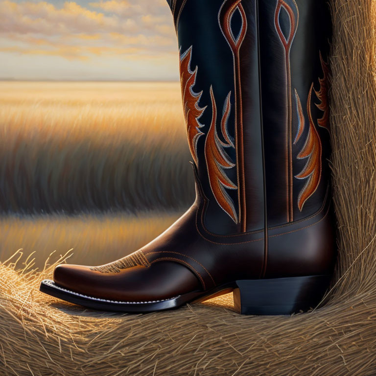 Brown cowboy boot with red and orange stitching on hay bale in golden field