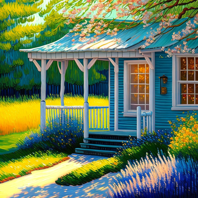 Colorful painting of a blue cottage in lush garden