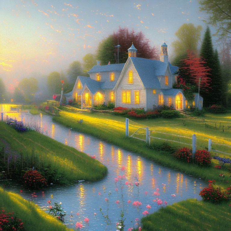 Tranquil riverside cottage at twilight with warm interior lights, lush gardens, and vibrant sky