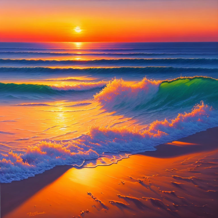 Colorful Beach Sunset with Reflecting Water and Waves