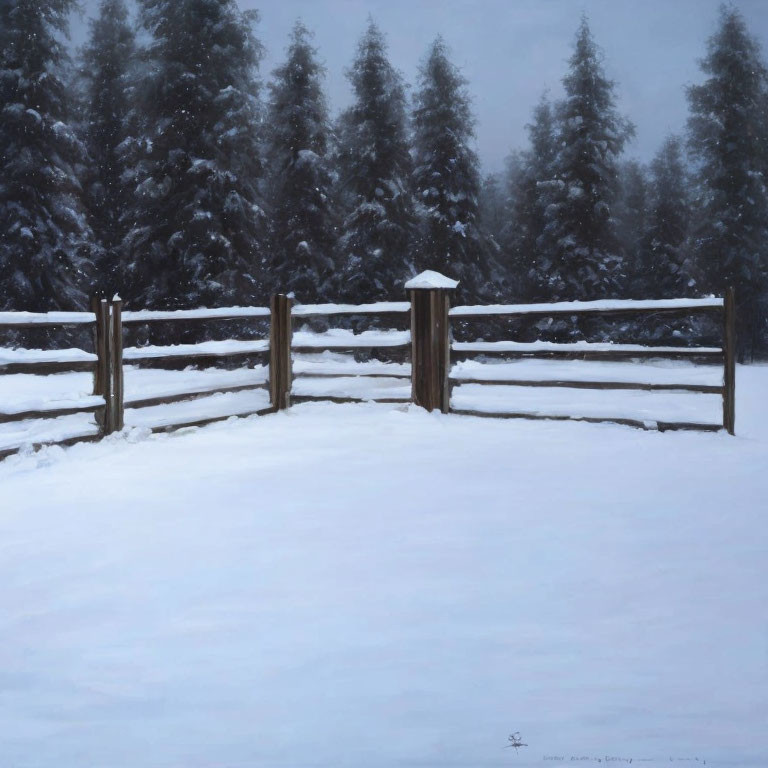 Snow-covered wooden fence and misty pine trees in serene winter scene