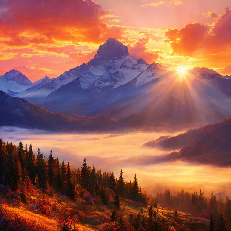 Vibrant orange and yellow sunset over snow-capped mountain