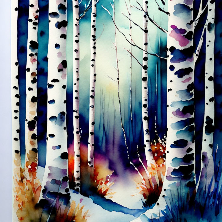 Vibrant watercolor painting of birch forest with colorful shadows