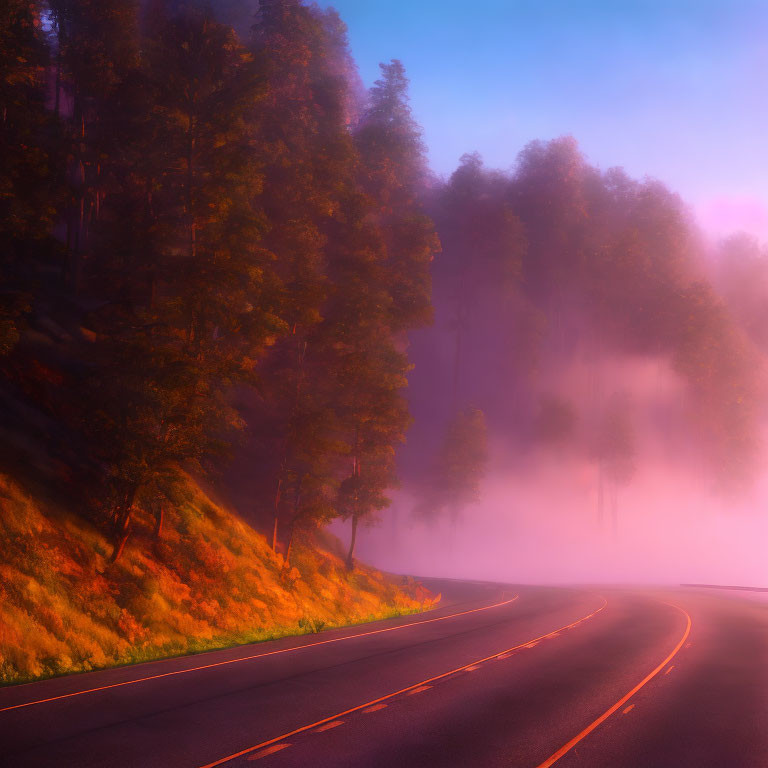 Foggy forest landscape with winding purple road at sunrise or sunset