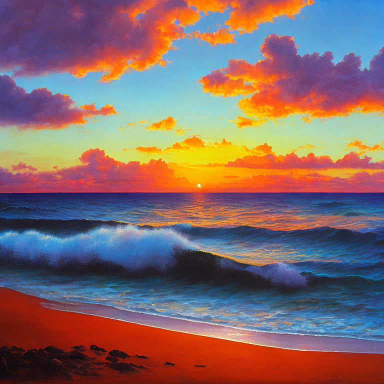 Scenic ocean sunset with orange and blue skies and crashing waves