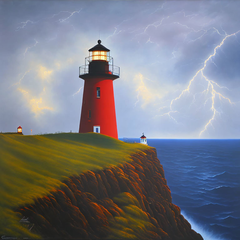 Vibrant red lighthouse on grassy cliff under stormy sky