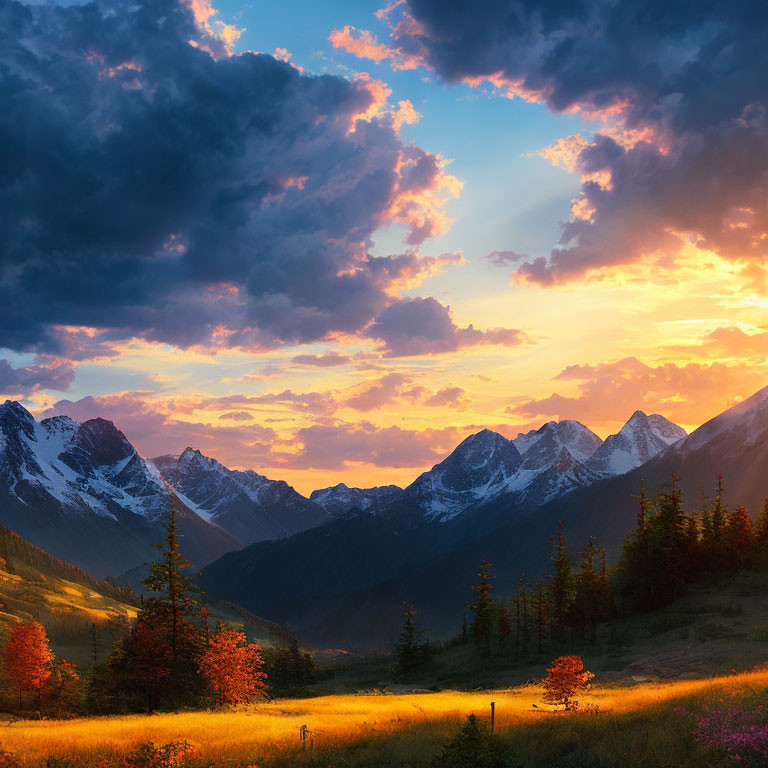 Colorful sunset over mountain range with sky rays, valley trees, and wildflowers