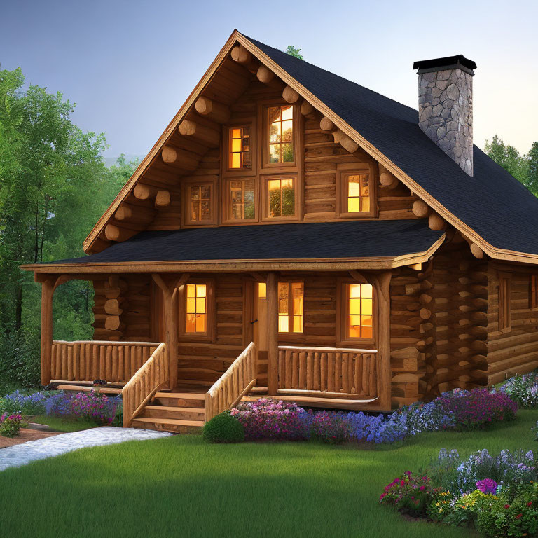 Rustic log cabin surrounded by lush greenery and flowers at dusk