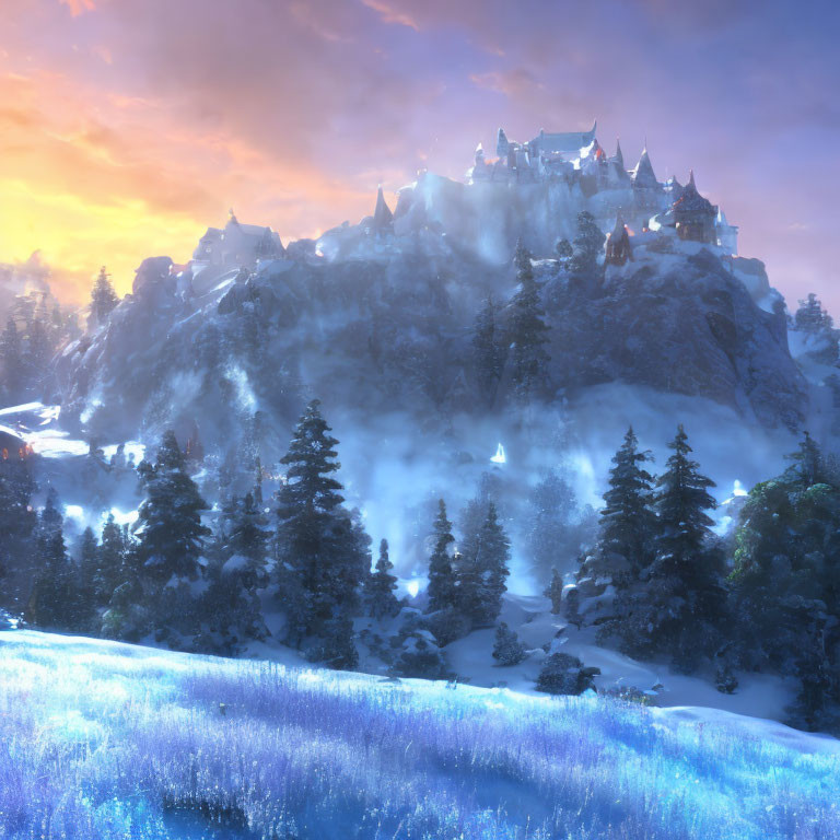 Snowy mountain castle at sunset with frosty meadow and misty forest