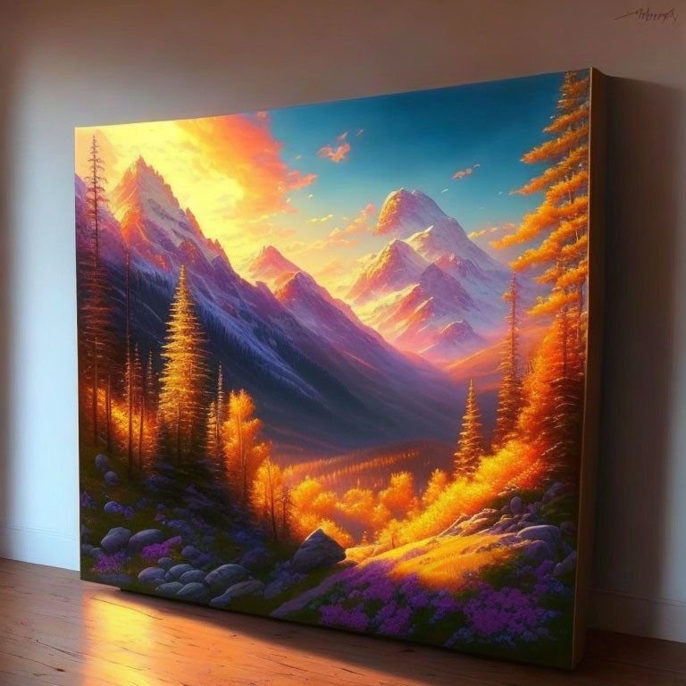 Mountainous Landscape Painting at Sunset with Golden Hues on Easel