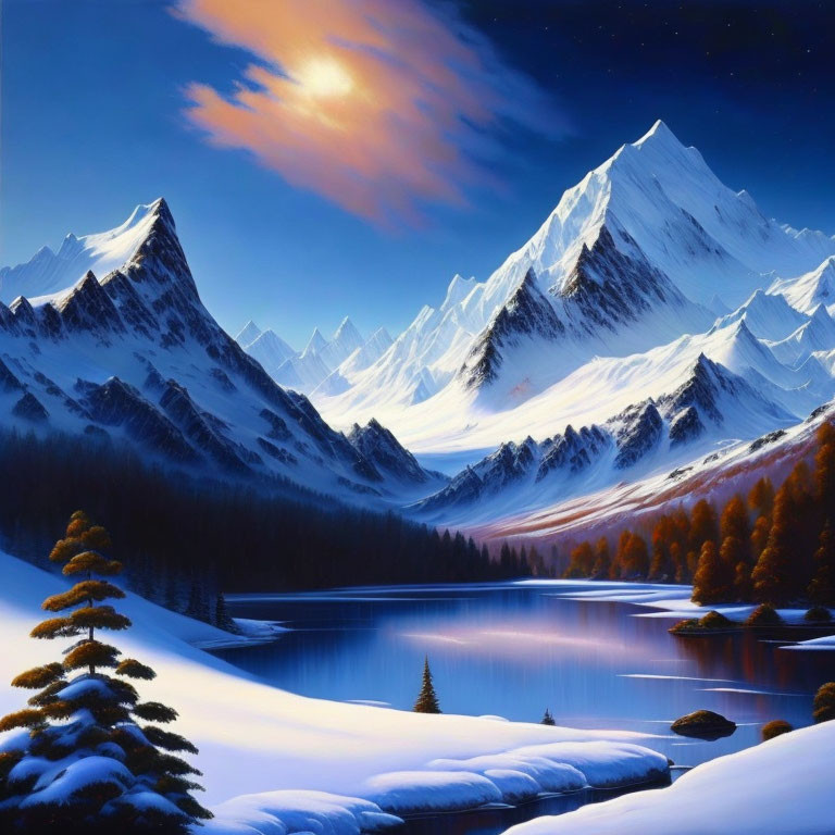 Snowy Landscape with Lake, Mountains, Trees, and Twilight Sky