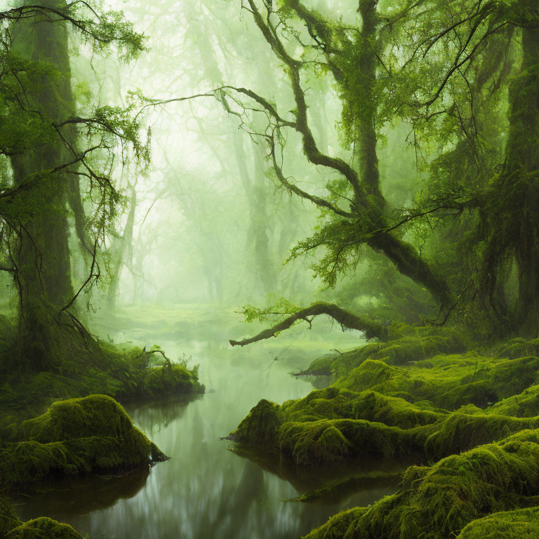 Serene forest scene with mist, moss, and twisted trees by calm stream