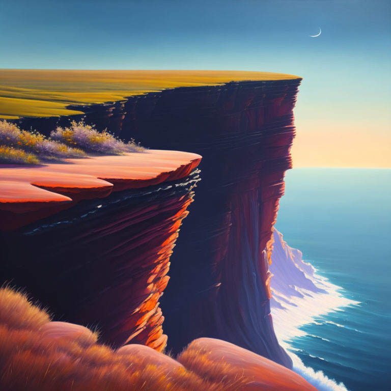 Twilight cliff scene with crescent moon, crashing waves, warm light