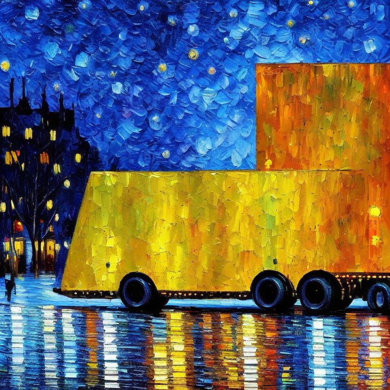 Impressionistic painting: Yellow truck on wet city street at night