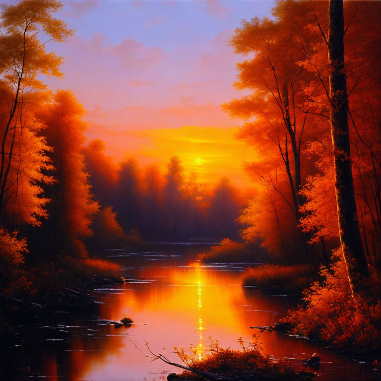 Tranquil river at sunset with autumn trees and hazy sky