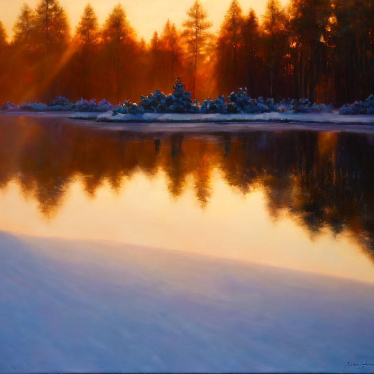 Snow-covered Ground, Calm Lake, Sunset Glow: Winter Scene with Golden Trees