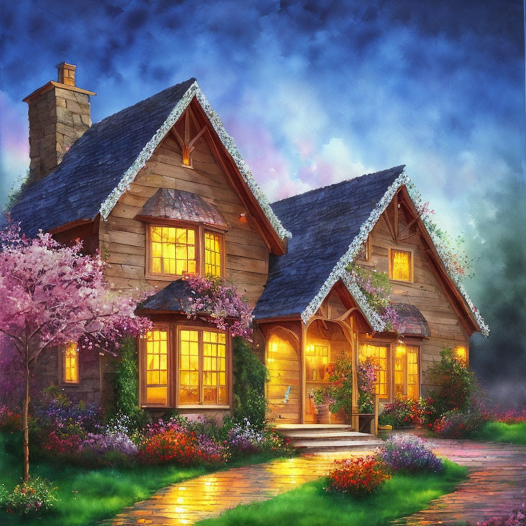 Thatched Roof Cottage Surrounded by Cherry Blossoms at Twilight