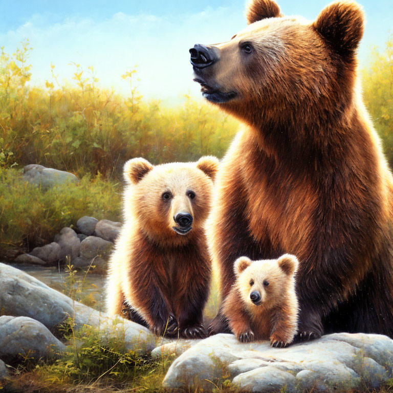 Adult Bear with Two Cubs in Sunny Meadow among Rocks