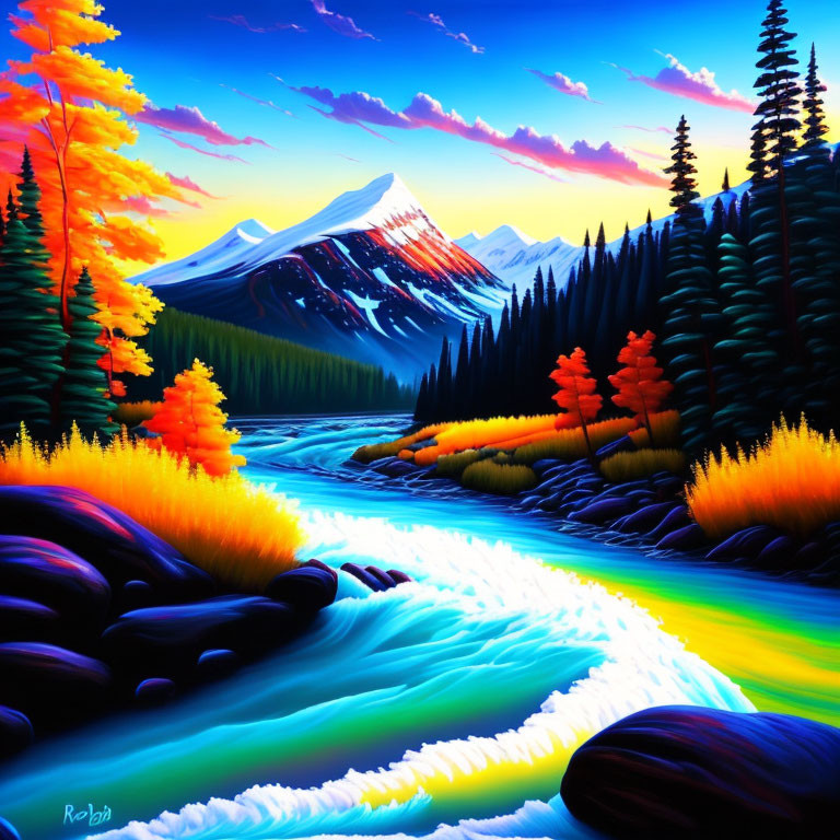 Colorful mountain landscape with river, autumn trees, and twilight sky