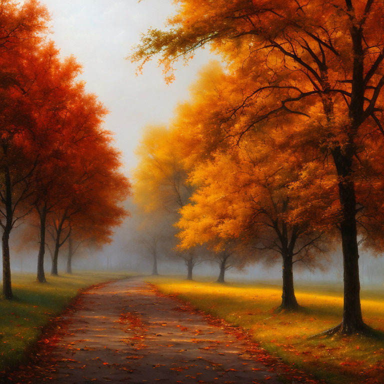 Tranquil autumn landscape with orange trees and foggy ambiance