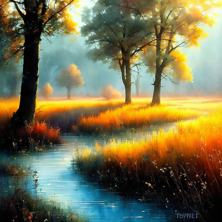 Scenic landscape with light filtering through trees onto misty field and serene water in vibrant colors