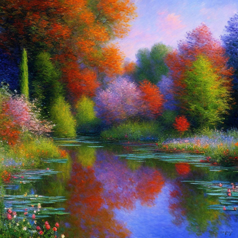 Colorful autumn trees reflected in tranquil pond - red, orange, purple hues.