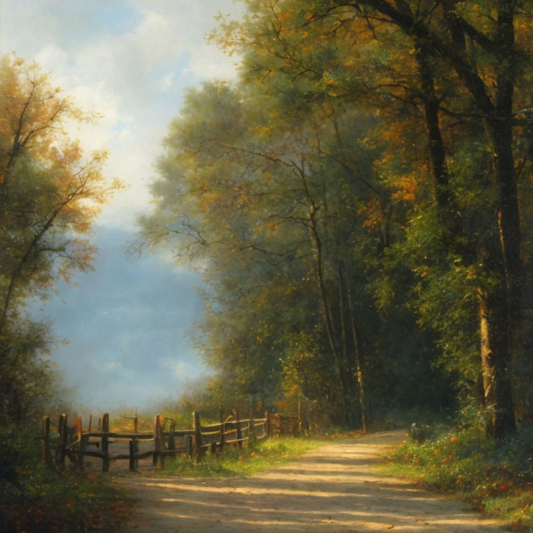 Tranquil autumn forest path with wooden fence and sunlight filtering through trees