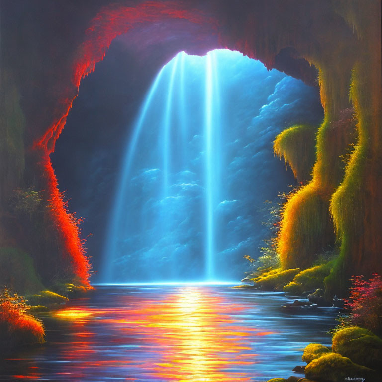 Vibrant painting of mystical cave with waterfall and lush greenery