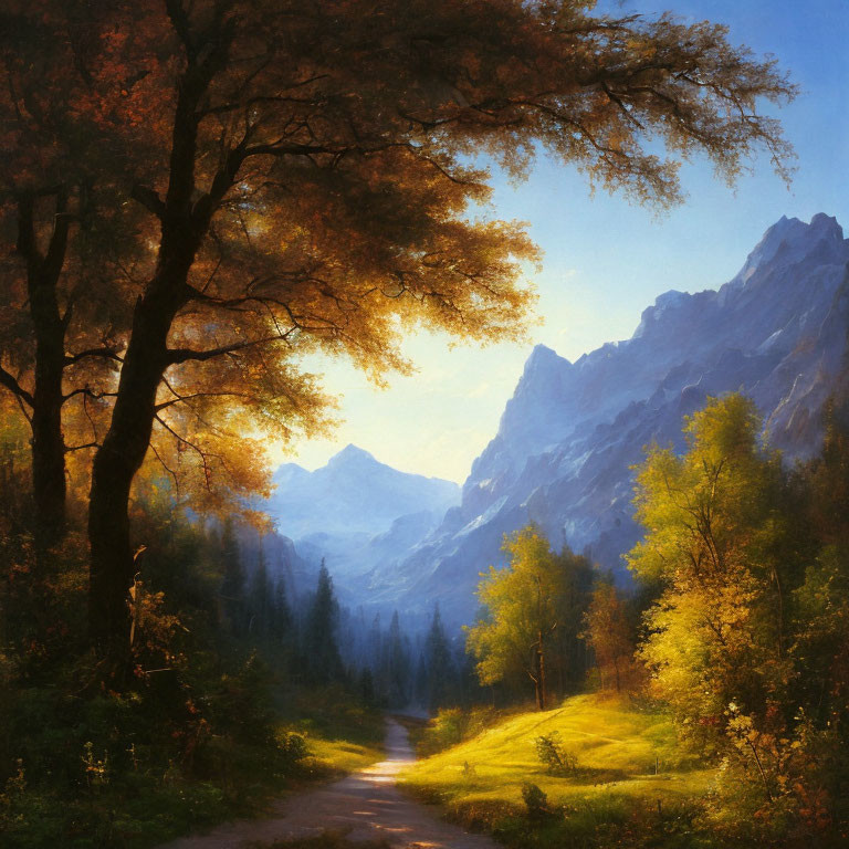 Sunlit Autumn Forest Path with Mountain Backdrop