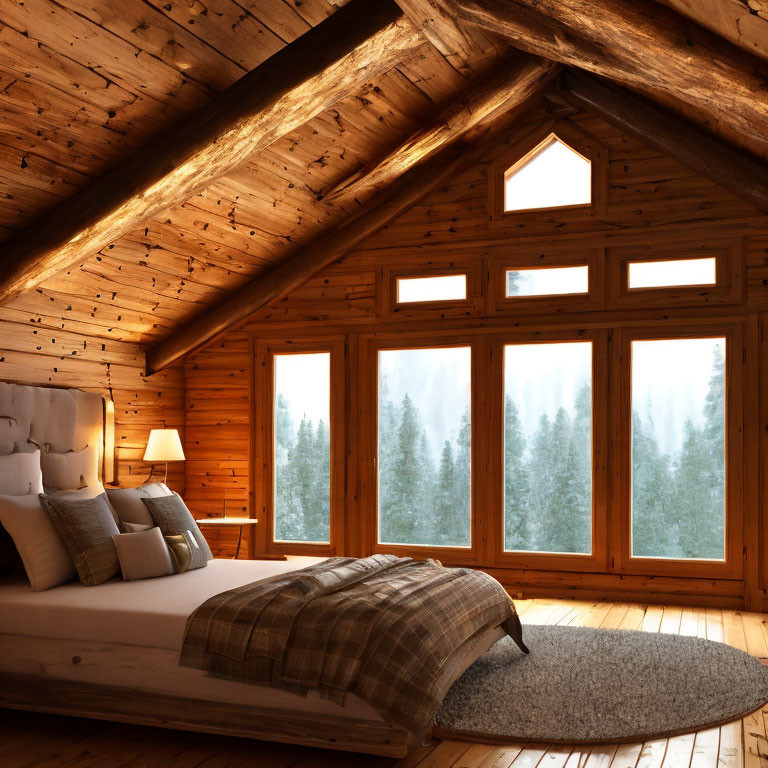 Spacious attic bedroom with snowy forest view