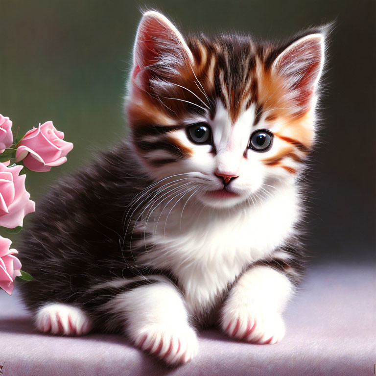 Striped Brown and White Kitten with Pink Roses in Curious Pose