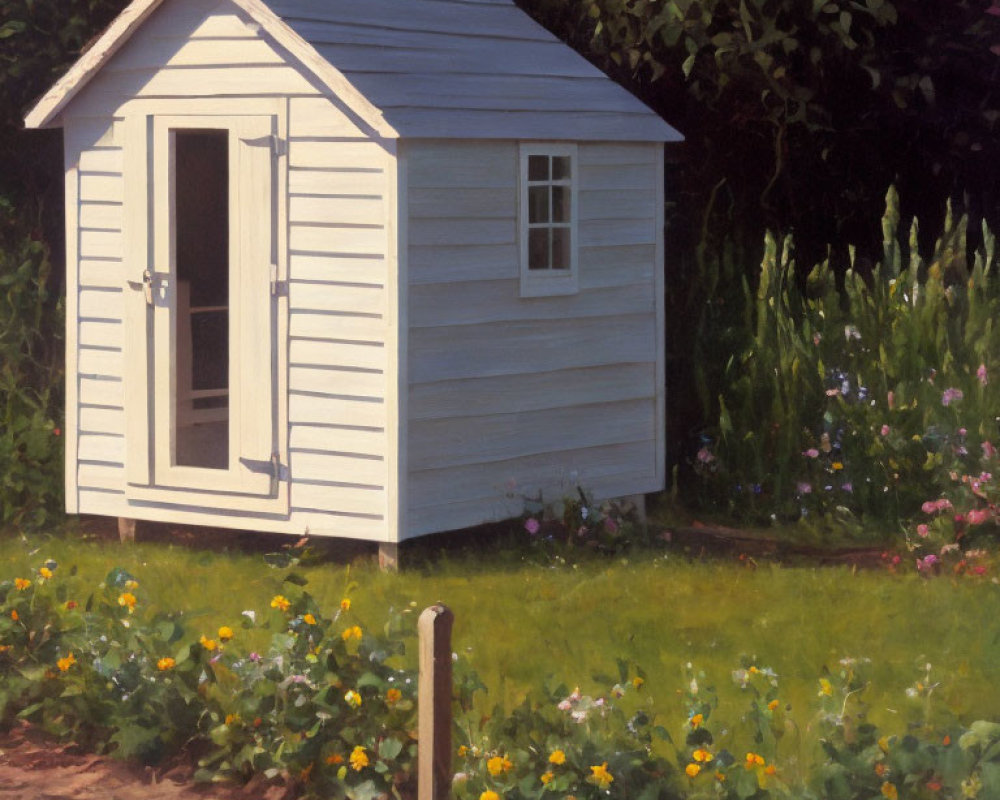 Small White Shed with Dark Roof by Garden Path and Colorful Flowers