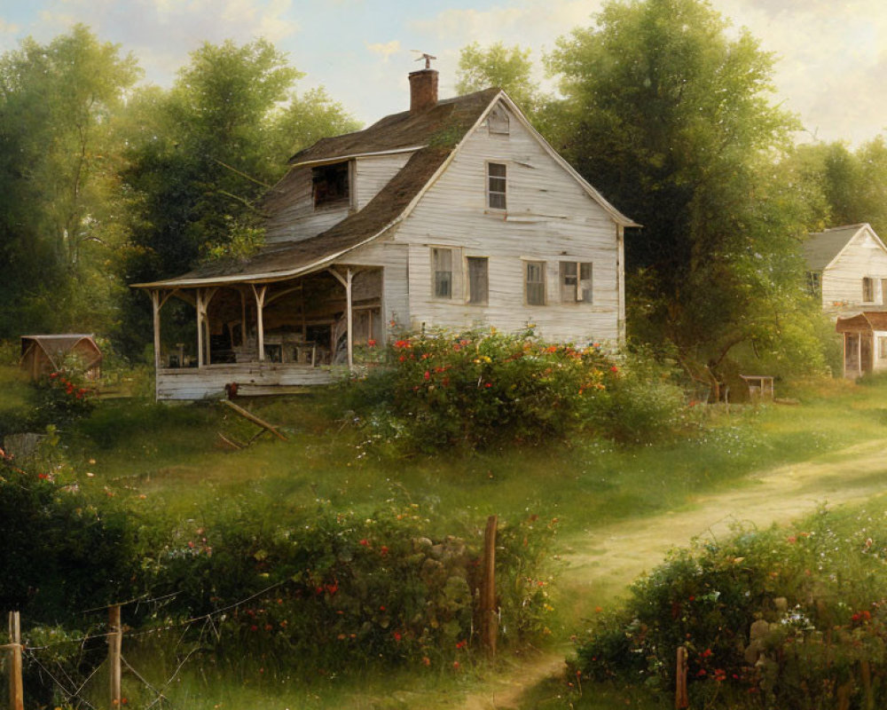 Tranquil countryside house painting with porch and greenery