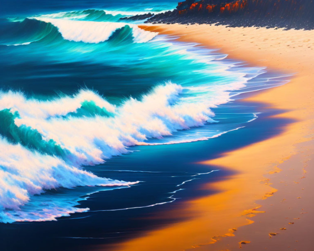 Colorful coastal scene with crashing waves and sunlight contrasts