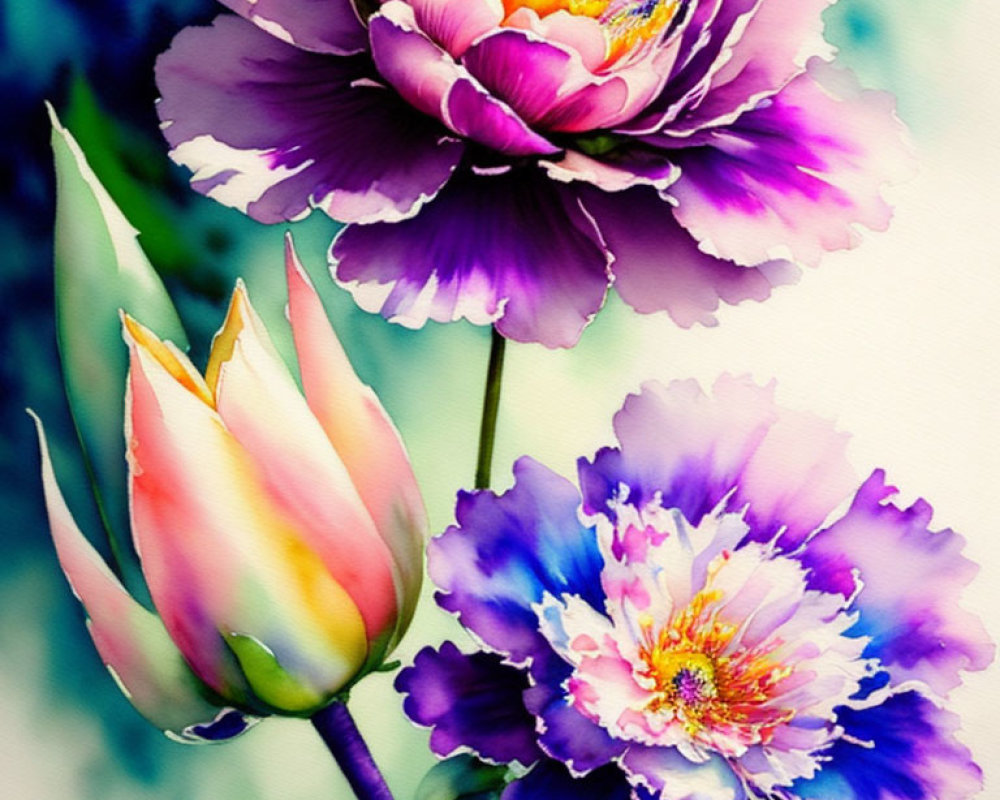 Colorful Watercolor Painting of Purple Peonies and Bud on Soft Background