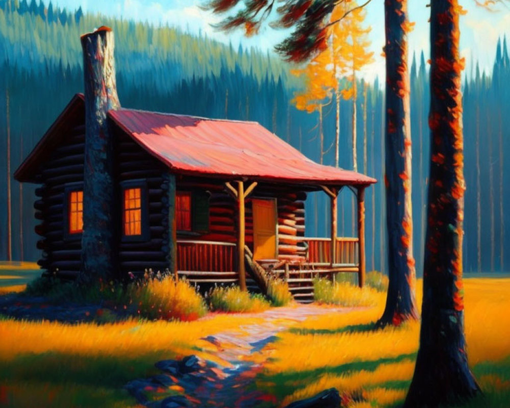 Scenic painting of log cabin in forest with golden light and stone path