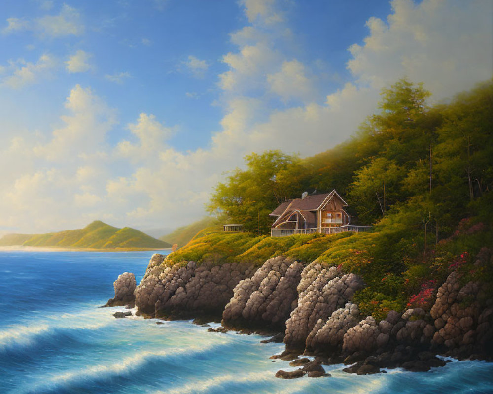 Tranquil seaside landscape with lone house on rugged cliffs