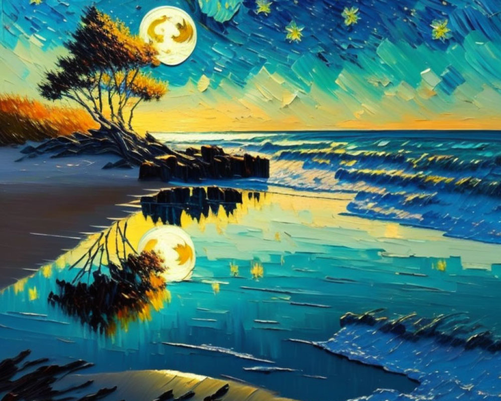 Night Seascape Painting with Glowing Moon, Stars, and Windswept Tree