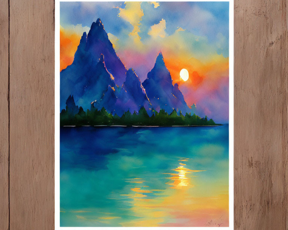 Mountain Peaks Watercolor Painting at Sunset on Wooden Surface
