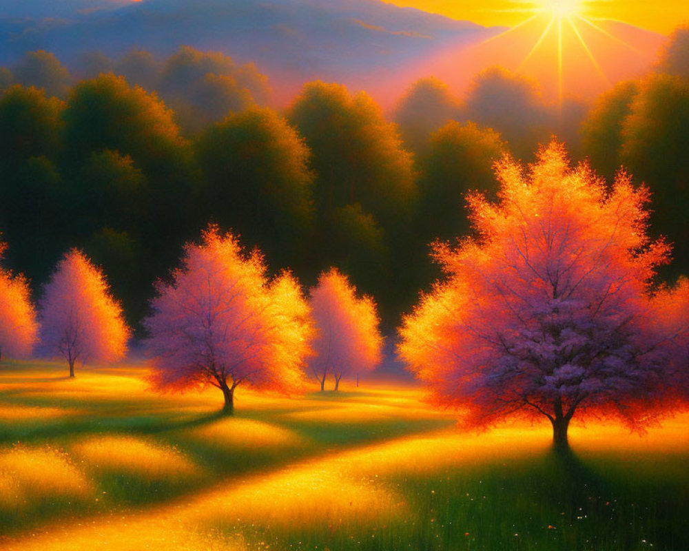 Vibrant landscape painting of sunset over mountains and trees