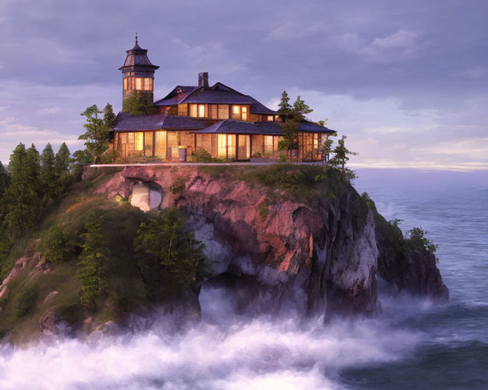 Lighthouse-styled home on rocky cliff at twilight