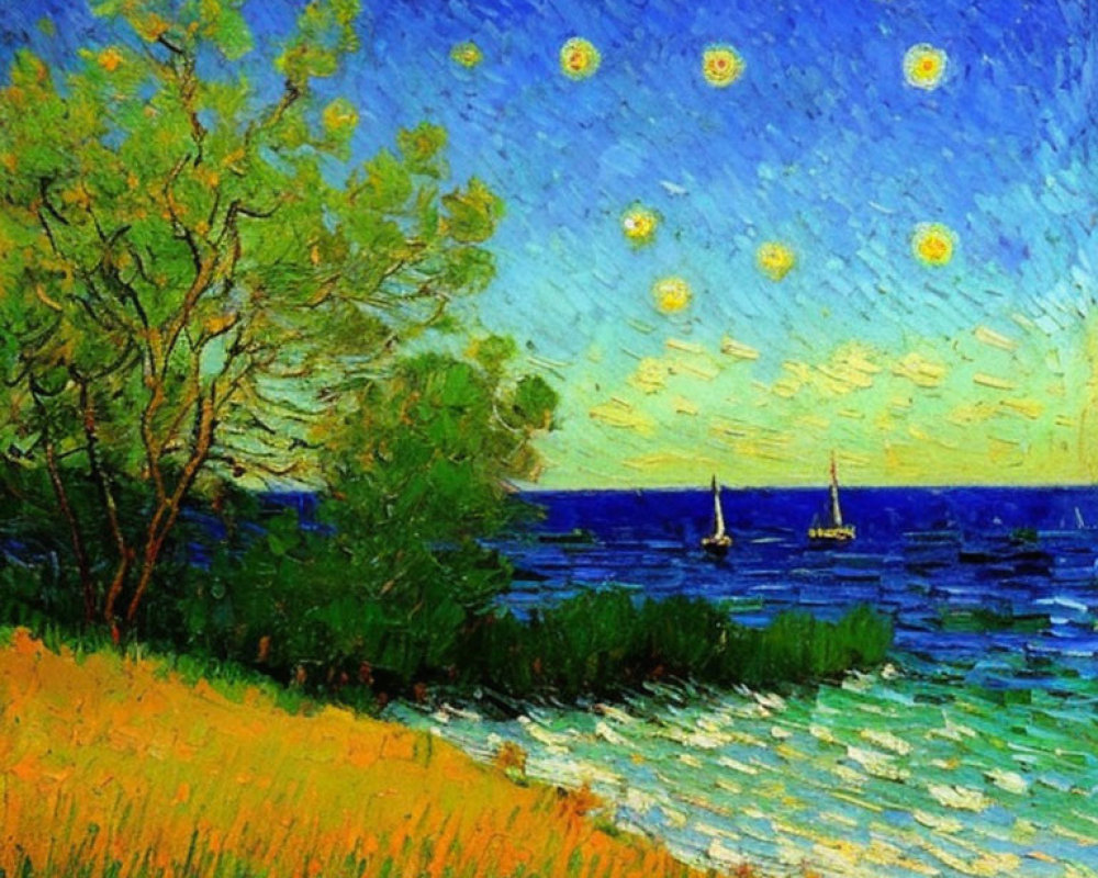 Vibrant starry night scene over beach with green tree and boats