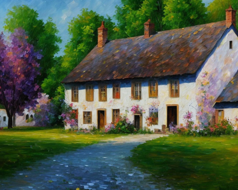 Colorful oil painting of a thatched cottage in a serene natural setting