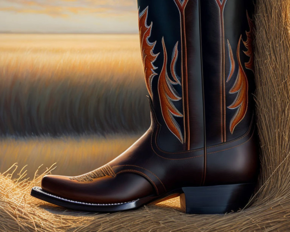 Brown cowboy boot with red and orange stitching on hay bale in golden field