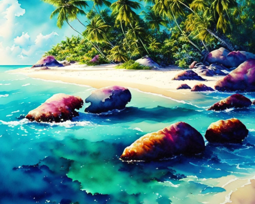 Tropical beach scene with palm trees, blue waters, sandy shore, and rocks